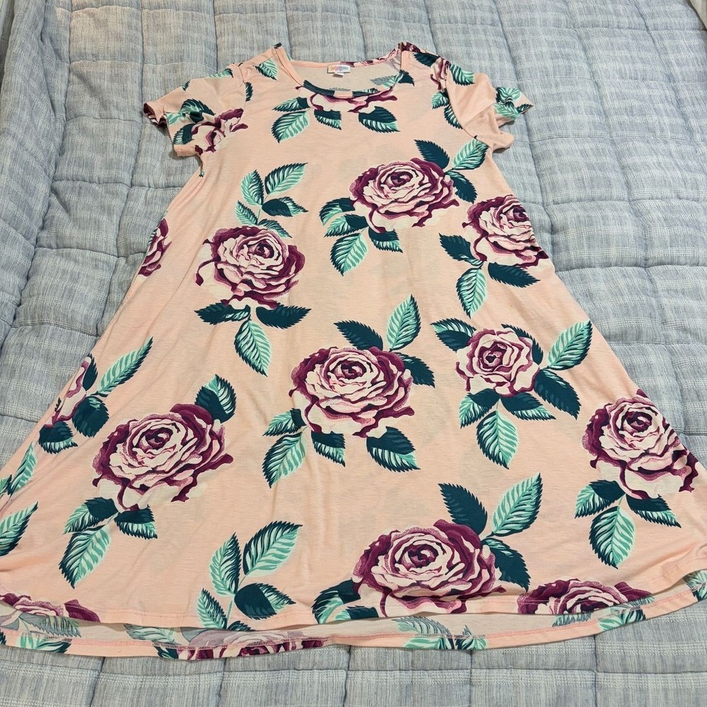 LuLaRoe Swing T-Shirt Dress Floral Rose Womens L Pink A-Line Stretch Preowned